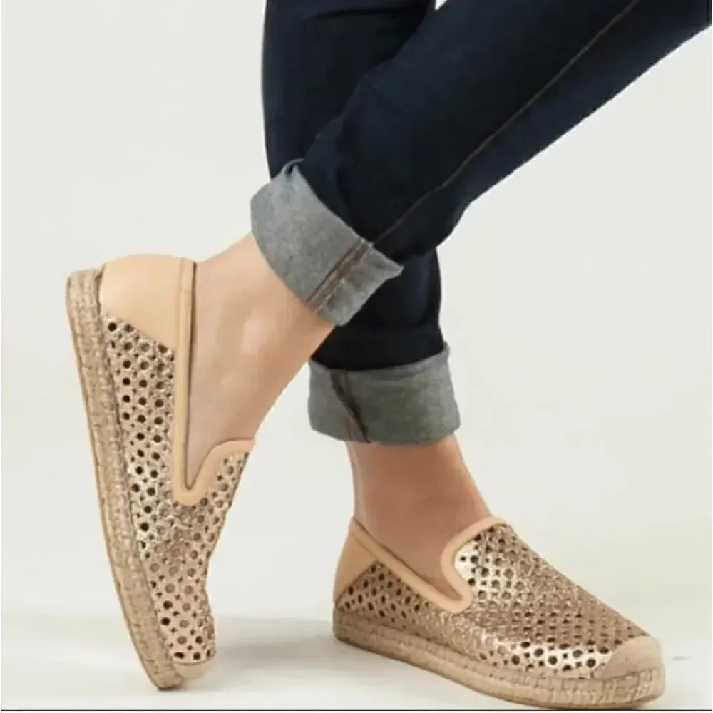 NWOB Stuart Weitzman County Glitter Espadrille Flat Sand Gold US 10